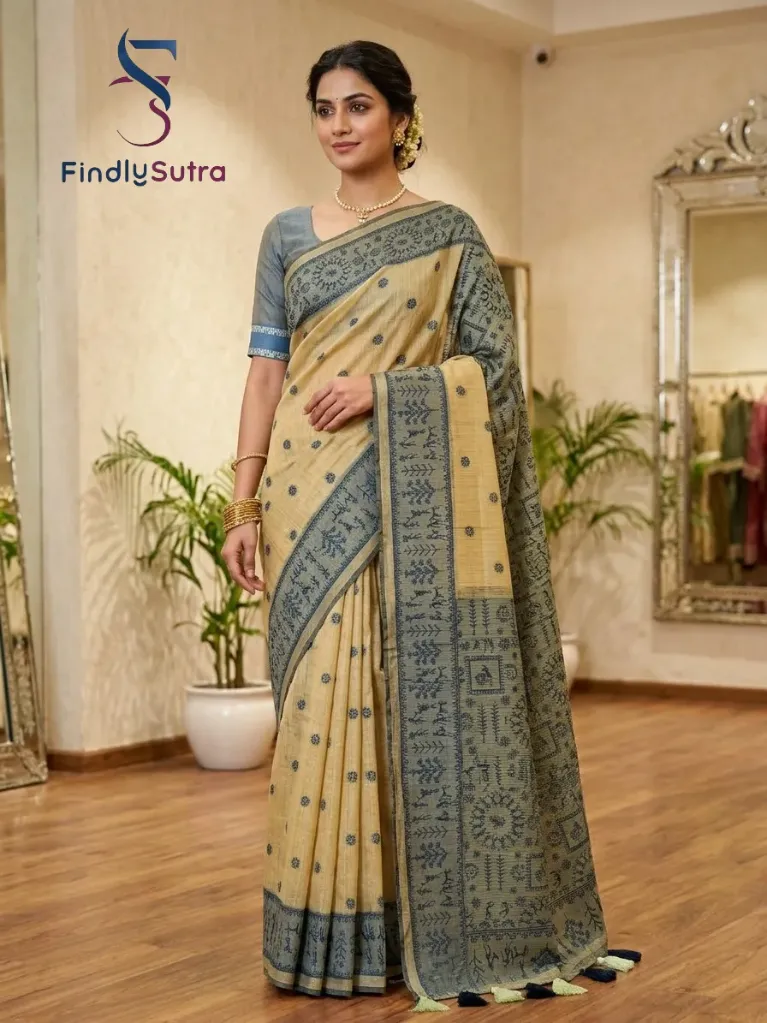 Premium Kolkata Cotton Saree for Women – Mustard with Navy Blue Woven Border, Ethnic Motifs & Designer Pallu