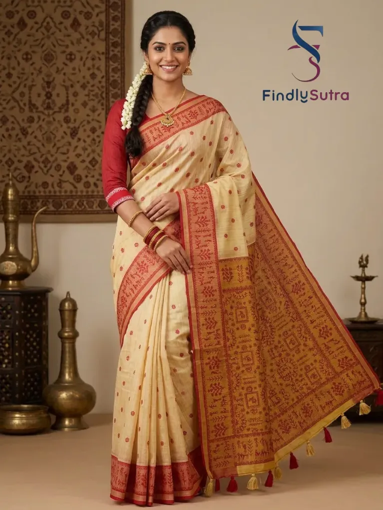 Premium Kolkata Cotton Saree for Women – Mustard with Red Woven Border, Ethnic Motifs & Designer Pallu