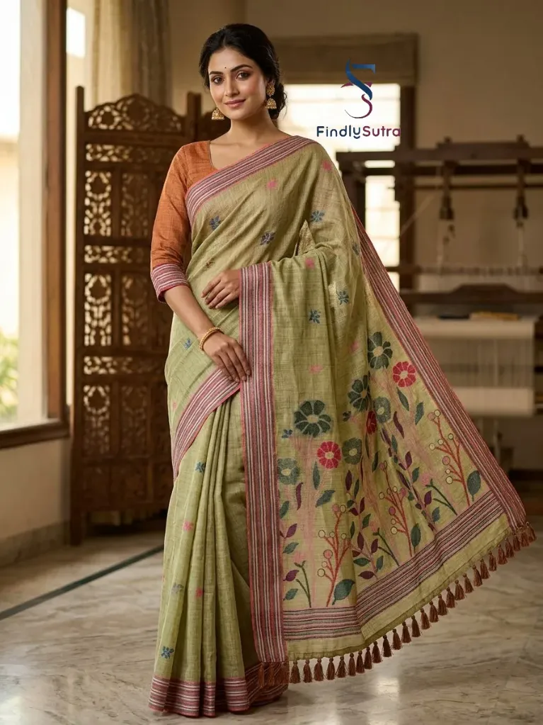 Traditional Kolkata Cotton Saree Olive Green with Multicolor Floral Print Pallu & Tassel Border  Soft Handloom Feel Everyday Wear Saree