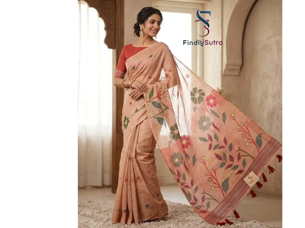 Traditional Kolkata Cotton Saree Baby pink with Multicolor Floral Print Pallu & Tassel Border  Soft Handloom Feel Everyday Wear Saree