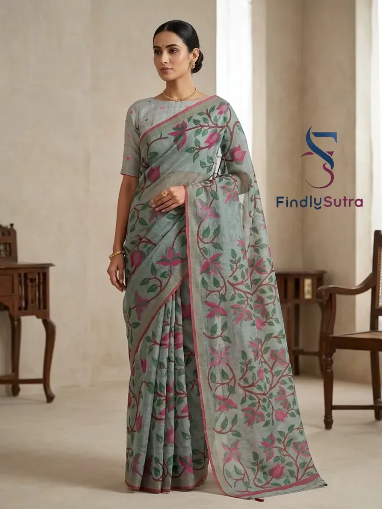 Pastel Blue Cotton Saree with Pink Floral Print