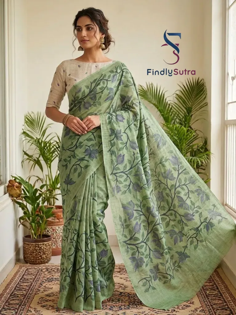 Pastel Olive green Cotton Saree with Floral Print