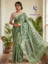 Pastel Olive green Cotton Saree with Floral Print