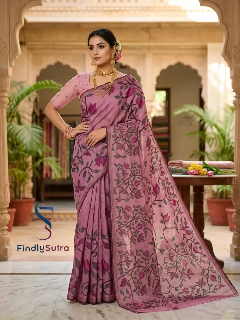Purple Cotton Saree with Floral Print