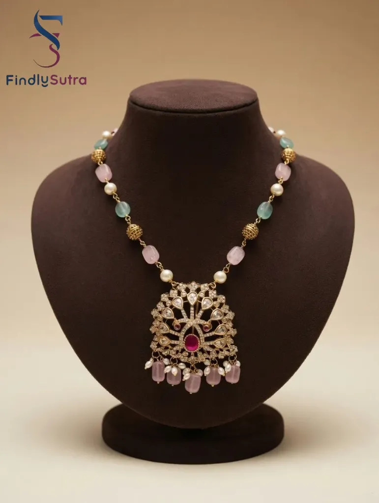 Multicolor Beaded Pendant Necklace for Women | Gold Tone Statement Necklace with Pink & Green Stones | Ethnic & Festive Jewelry
