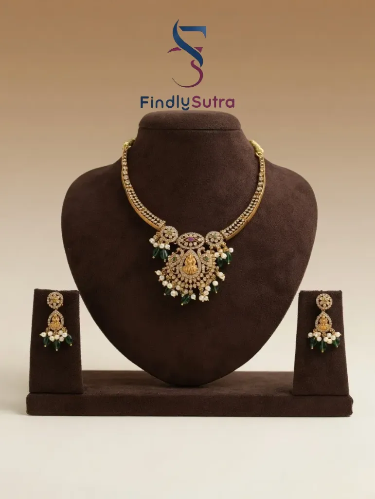 Traditional Lakshmi Temple Necklace Set for Women | Gold Plated Choker with Green Beads & Pearl Drops | Bridal Jewelry