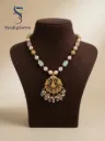 Traditional Lakshmi Pendant Beaded Necklace | Gold Tone Temple Jewelry with Pearl & Pastel Beads | Women’s Ethnic Wear