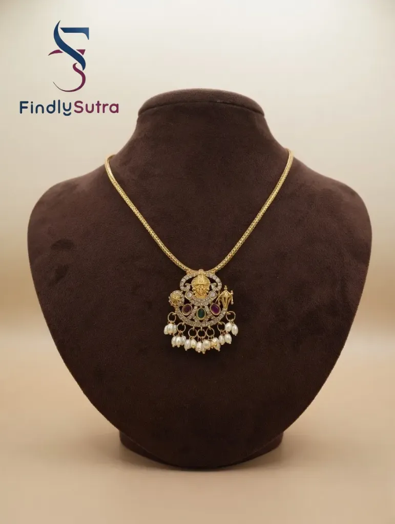 Gold Plated Venkatesh Pendant Necklace for Women | Sri Venkateswara (Balaji) Temple Jewelry with Pearl Drops & Multicolor Stones | Traditional Ethnic Necklace for Festive & Wedding Wear