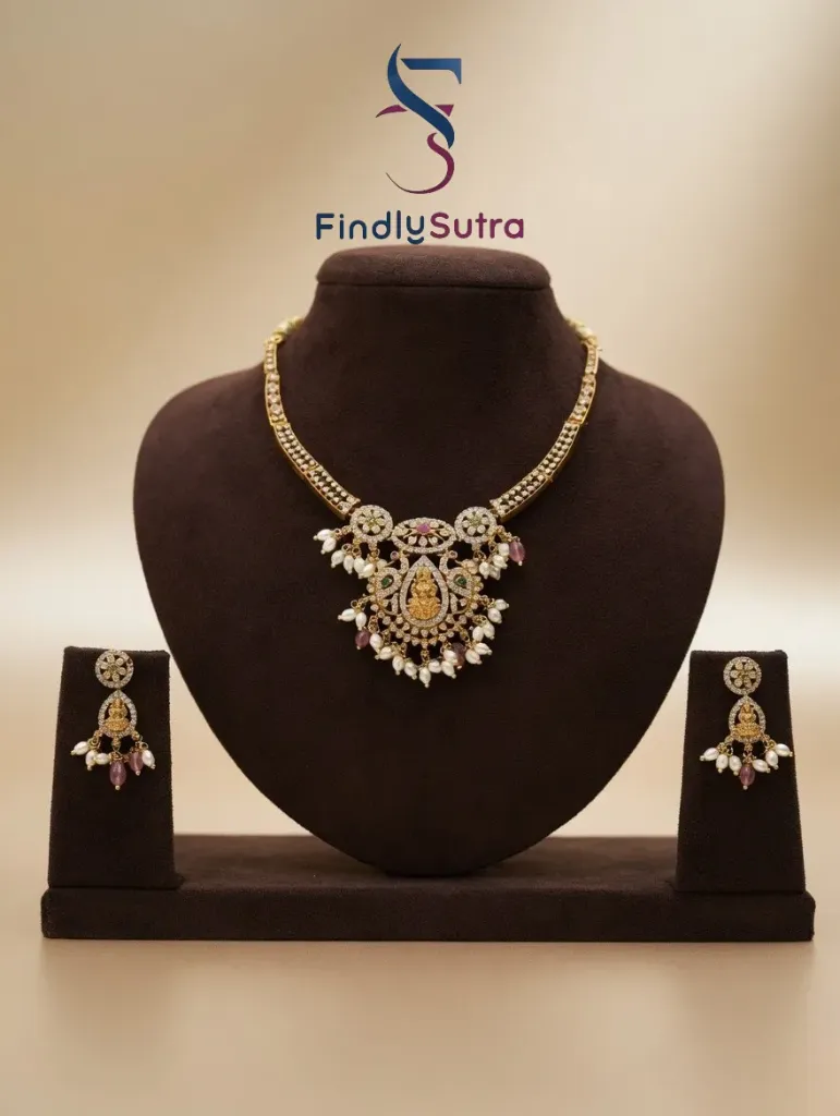 Traditional Lakshmi Temple Necklace Set for Women | Gold Plated Choker with Pink Beads & Pearl Drops | Bridal Jewelry