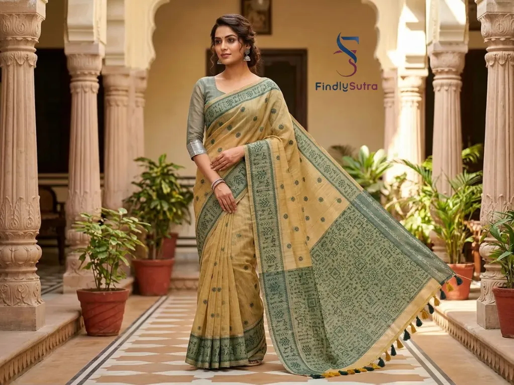 Premium Kolkata Cotton Saree for Women – Mustard with Green Woven Border, Ethnic Motifs & Designer Pallu
